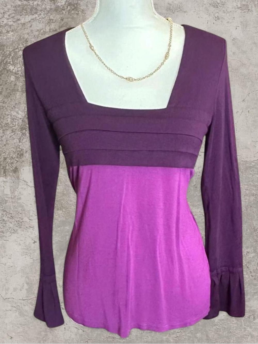 Vintage Y2KPurple Colorblock Empire Waist Bell Sleeve Square Neck Top Whimsigoth